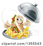 3d Souvlaki Kebab Sandwich Character And French Fries Being Served In A Cloche Platter