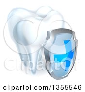 Clipart Of A 3d Shiny White Tooth With A Protective Dental Shield Royalty Free Vector Illustration