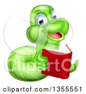 Poster, Art Print Of Happy Green Earthworm Reading A Book