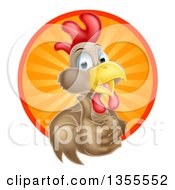 Clipart Of A Happy Brown Chicken Or Rooster Mascot Giving A Thumb Up And Emerging From A Sun Ray Circle Royalty Free Vector Illustration