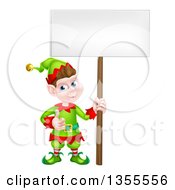 Poster, Art Print Of Cartoon Happy Male Christmas Elf Giving A Thumb Up And Holding A Blank Sign