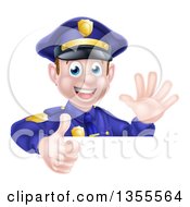 Poster, Art Print Of Cartoon Happy Caucasian Male Police Officer Waving And Giving A Thumb Up Over A Sign