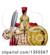 Poster, Art Print Of Shirtless Muscular Gladiator Man In A Helmet Holding A Sword And Shield From The Waist Up