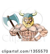 Clipart Of A Cartoon Tough Muscular Blond Male Viking Warrior Wearing A Cape And Holding A Battle Axe Royalty Free Vector Illustration