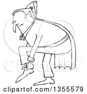 Outline Clipart Of A Cartoon Black And White Chubby Dracula Vampire Putting His Shoes On Royalty Free Lineart Vector Illustration by djart