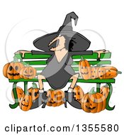 Cartoon Chubby Warty Halloween Witch Sitting On A Bench Surrounded By Jackolantern Pumpkins