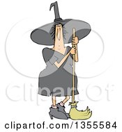Poster, Art Print Of Cartoon Chubby Halloween Witch Standing With A Broom