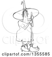 Poster, Art Print Of Cartoon Black And White Chubby Halloween Witch Standing With A Broom