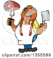 Cartoon Jolly Chubby Black Male Butcher Holding A Cleaver Knife And Ham Wearing Sausage Around His Neck