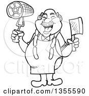 Cartoon Black And White Jolly Chubby Male Butcher Holding A Cleaver Knife And Ham Wearing Sausage Around His Neck