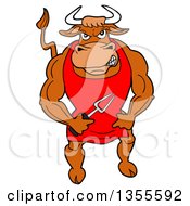 Cartoon Bbq Chef Buff Bull Holding A Fork And Flexing His Muscles