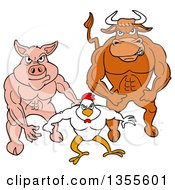 Cartoon Buff Bull Chicken And Pig Flexing Their Muscles