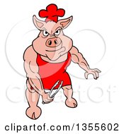 Cartoon Bbq Chef Buff Pig Holding Tongs And Flexing His Muscles