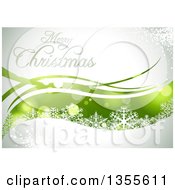 Clipart Of A Merry Christmas Greeting Oer Green Sparkle Waves And Snowflakes On Gray Royalty Free Vector Illustration