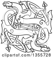 Clipart Of A Black And White Lineart Celtic Dragons Knot Royalty Free Vector Illustration