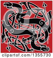 Clipart Of A Black And White Celtic Dragons Knot On Red Royalty Free Vector Illustration