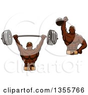 Clipart Of A Black Male Bodybuilder Holding Up A Heavy Barbell And Kettlebell Royalty Free Vector Illustration by Vector Tradition SM