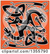 Clipart Of A Black And White Celtic Knot Dragons On Orange Royalty Free Vector Illustration
