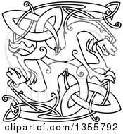 Clipart Of Black And White Lineart Celtic Knot Dragons Royalty Free Vector Illustration