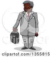Poster, Art Print Of Cartoon Happy Black Businessman Standing And Holding A Briefcase