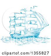 Clipart Of A Sketched Blue Sailing Tall Ship Royalty Free Vector Illustration