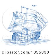 Sketched Blue Sailing Tall Ship