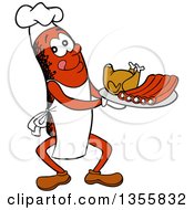 Cartoon Sausage Chef Carrying A Roasted Chicken And Bbq Ribs On A Tray