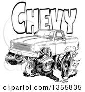 Poster, Art Print Of Cartoon Black And White Chevrolet Pickup Truck Peeling Out Under Chevy Text