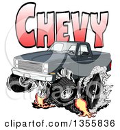 Poster, Art Print Of Cartoon Black Chevrolet Pickup Truck Peeling Out Under Red Chevy Text