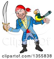 Poster, Art Print Of Cartoon Pirate Holding A Sword And Winking With A Parrot On His Arm