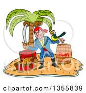 Poster, Art Print Of Cartoon Pirate Holding A Sword And Winking With A Parrot On His Arm Standing With A Rum Barrel And Treasure On A Tropical Island