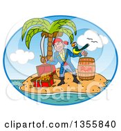Cartoon Pirate Holding A Sword And Winking With A Parrot On His Arm Standing With A Rum Barrel And Treasure In A Tropical Island Oval