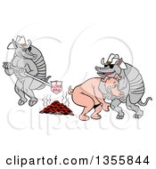 Clipart Of A Cartoon Armadillo Cowboys Branding A Pig With I Love Bbq Royalty Free Vector Illustration by LaffToon