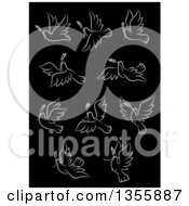 Clipart Of White Peace Doves Flying On Black Royalty Free Vector Illustration