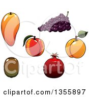 Poster, Art Print Of Cartoon Mango Grapes Peach Apricot Pomegranate And Kiwi