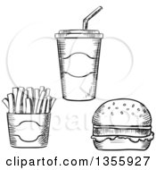 Poster, Art Print Of Black And White Sketched Fountain Soda French Fries And Hamburger