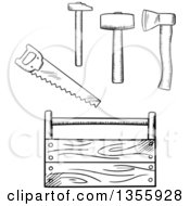 Poster, Art Print Of Black And White Sketched Tool Box Axe Mallet And Saw