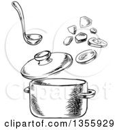Clipart Of A Black And White Sketched Soup Pot And Chopped Carrot And Potato Royalty Free Vector Illustration
