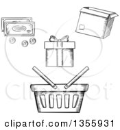 Clipart Of A Black And White Sketched Shopping Basket Box Gift And Money Royalty Free Vector Illustration
