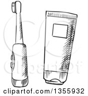 Clipart Of A Black And White Sketched Toothbrush And Paste Royalty Free Vector Illustration