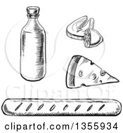 Poster, Art Print Of Black And White Sketched Wine Bottle Salmon Cheese And Bread