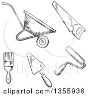 Poster, Art Print Of Black And White Sketched Wheelbarrow Saw Paint Roller Trowel And Paintbrush