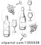Poster, Art Print Of Black And White Sketched Wine Bottles Glasses And Grapes