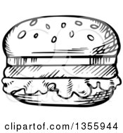 Clipart Of A Black And White Sketched Hamburger Royalty Free Vector Illustration