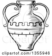 Clipart Of A Black And White Sketched Two Handled Ancient Amphora Royalty Free Vector Illustration