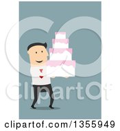 Clipart Of A Flat Design White Businessman Carrying A Wedding Cake On Blue Royalty Free Vector Illustration