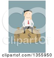Poster, Art Print Of Flat Design White Businessman Sitting On Money Bags On Blue