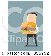 Poster, Art Print Of Flat Design White Businessman Holding A Giant Hamburger On Blue