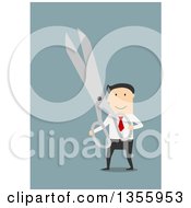 Poster, Art Print Of Flat Design White Businessman Holding Giant Scissors On Blue