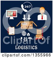 Poster, Art Print Of Flat Design Call Operator And Logistics Shipping Items Over Text On Dark Blue